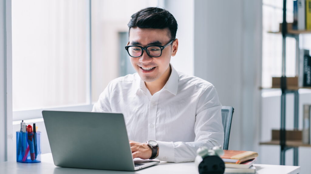 a man attending an online class