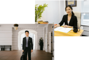 a young male and female student wearing a suit