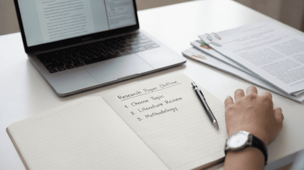 Close-up of a handwritten research paper outline in a notebook next to a laptop and pen on a white desk.