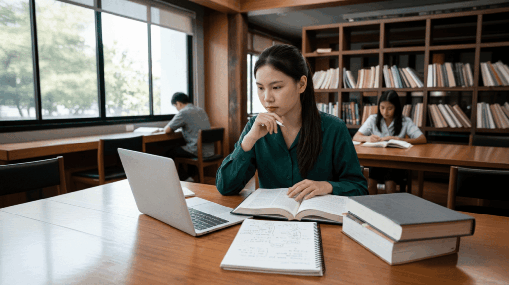 A female student in a green shirt focuses on a textbook while studying in a library with a laptop.