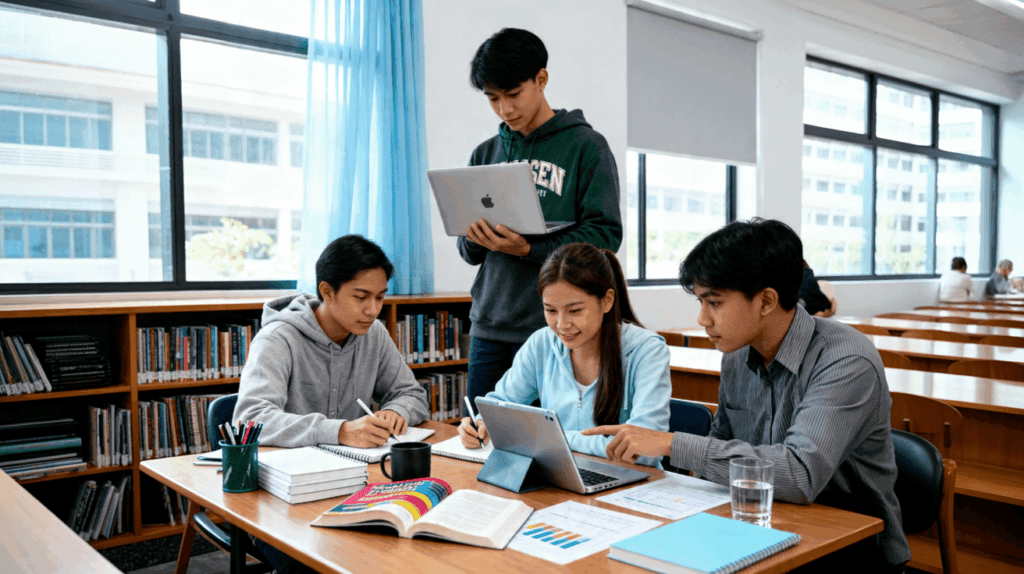 Four students collaborate around a laptop and books at a wooden table in a brightly lit campus library