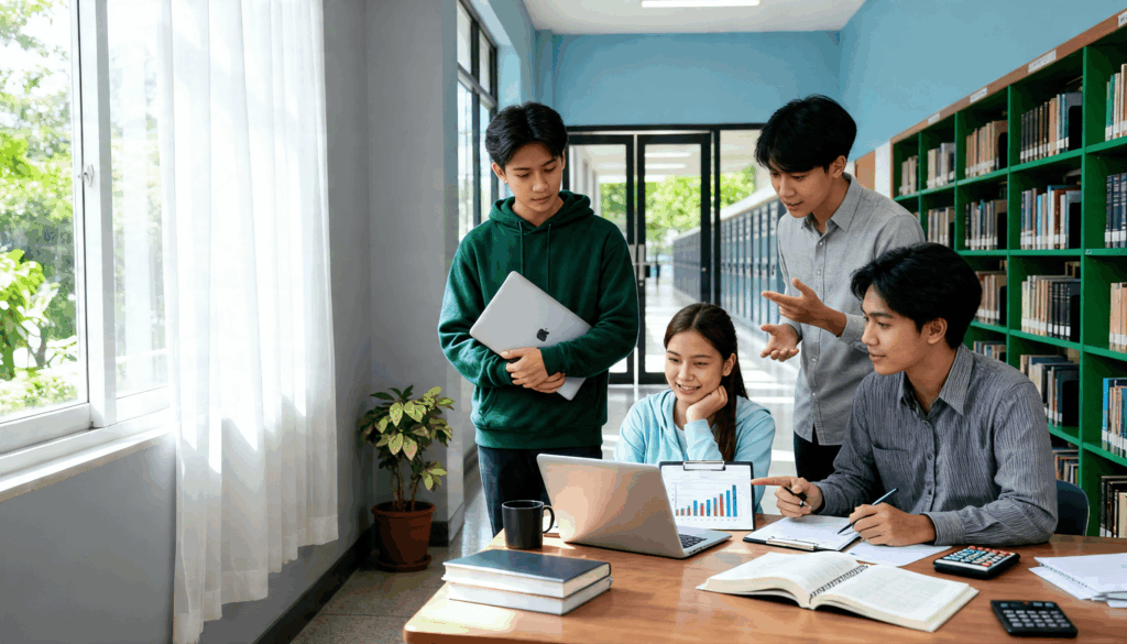 A group of students discusses data on a laptop screen while sitting at a table in a modern library.
