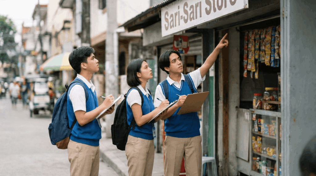 Three students in blue and khaki uniforms stand on a street, pointing at a store sign and taking notes.