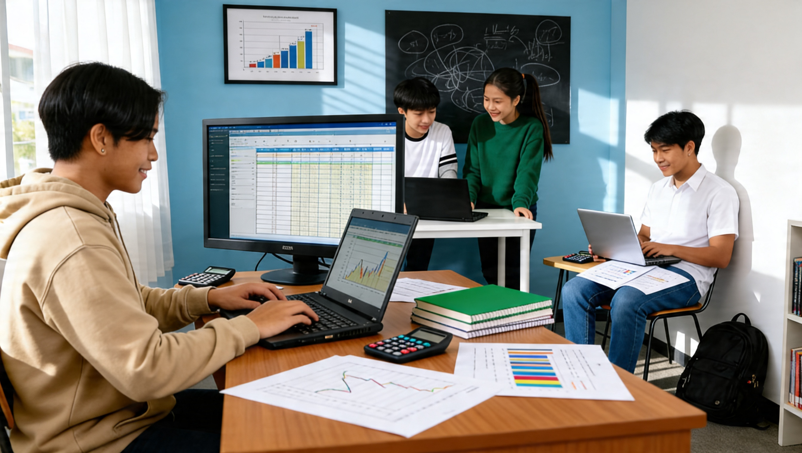 Students work on laptops and analyze colorful data charts in a bright, blue-walled classroom or office.