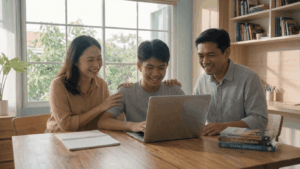 Smiling Filipino parents happily guide their teenage son as he studies on a laptop at a bright wooden desk.