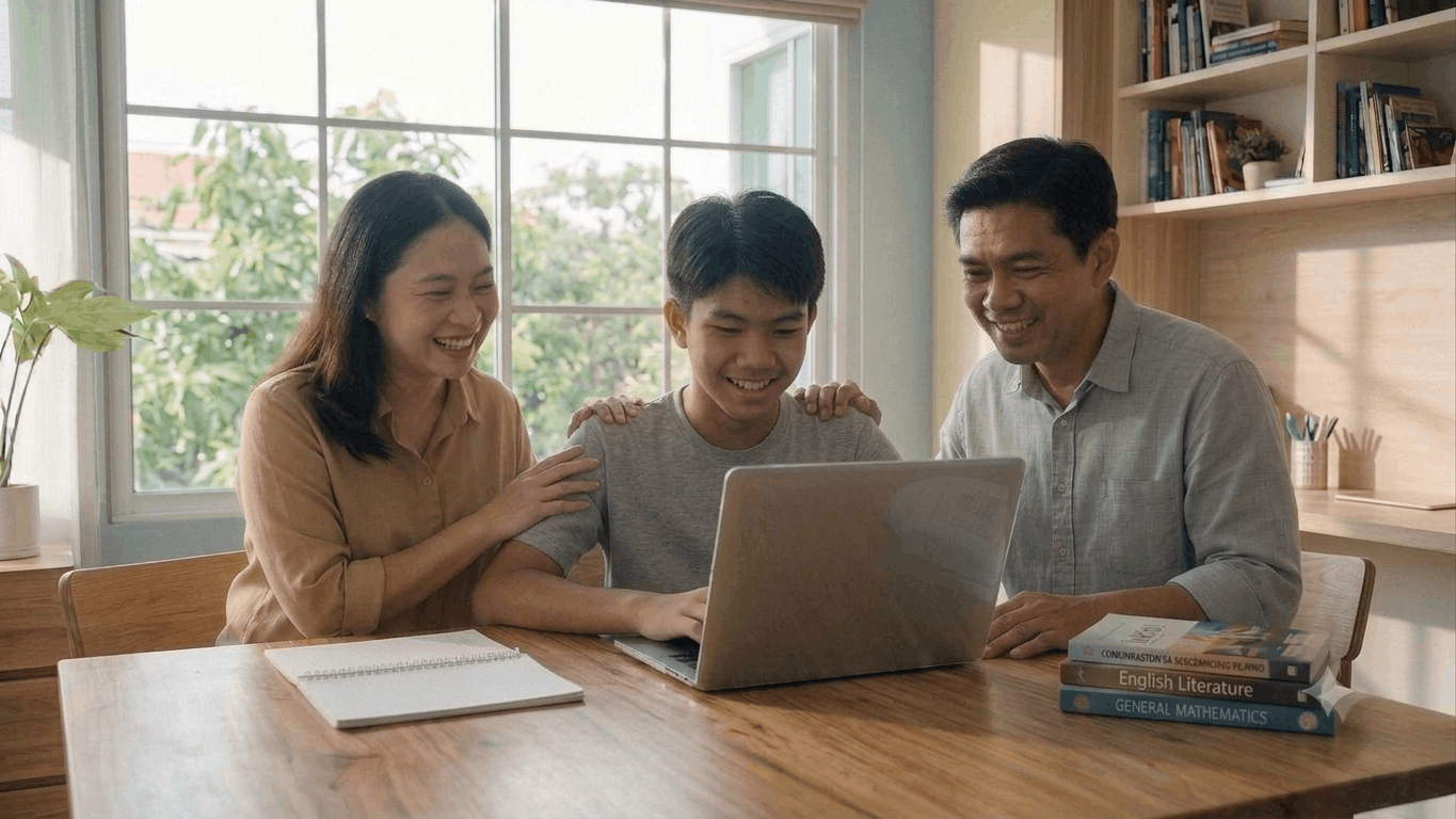 Smiling Filipino parents happily guide their teenage son as he studies on a laptop at a bright wooden desk.