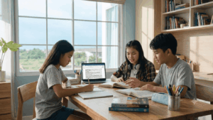 Three students sitting at a wooden table near a window, writing in notebooks and studying books together.