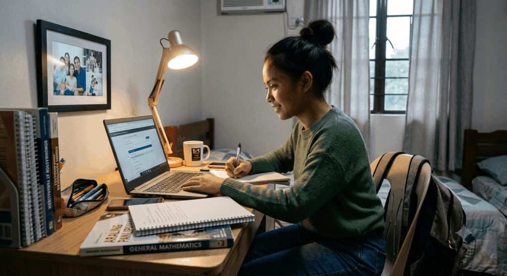 A young Filipina student in a green sweater smiles while studying at her desk with a laptop, lamp, and books.